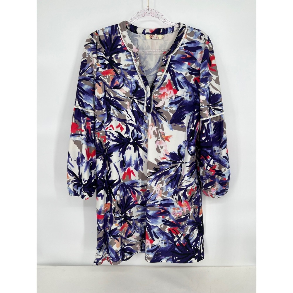 Aryeh Floral Print Dress V Neck Long Sleeve Casual Purple Tunic Dress Size L